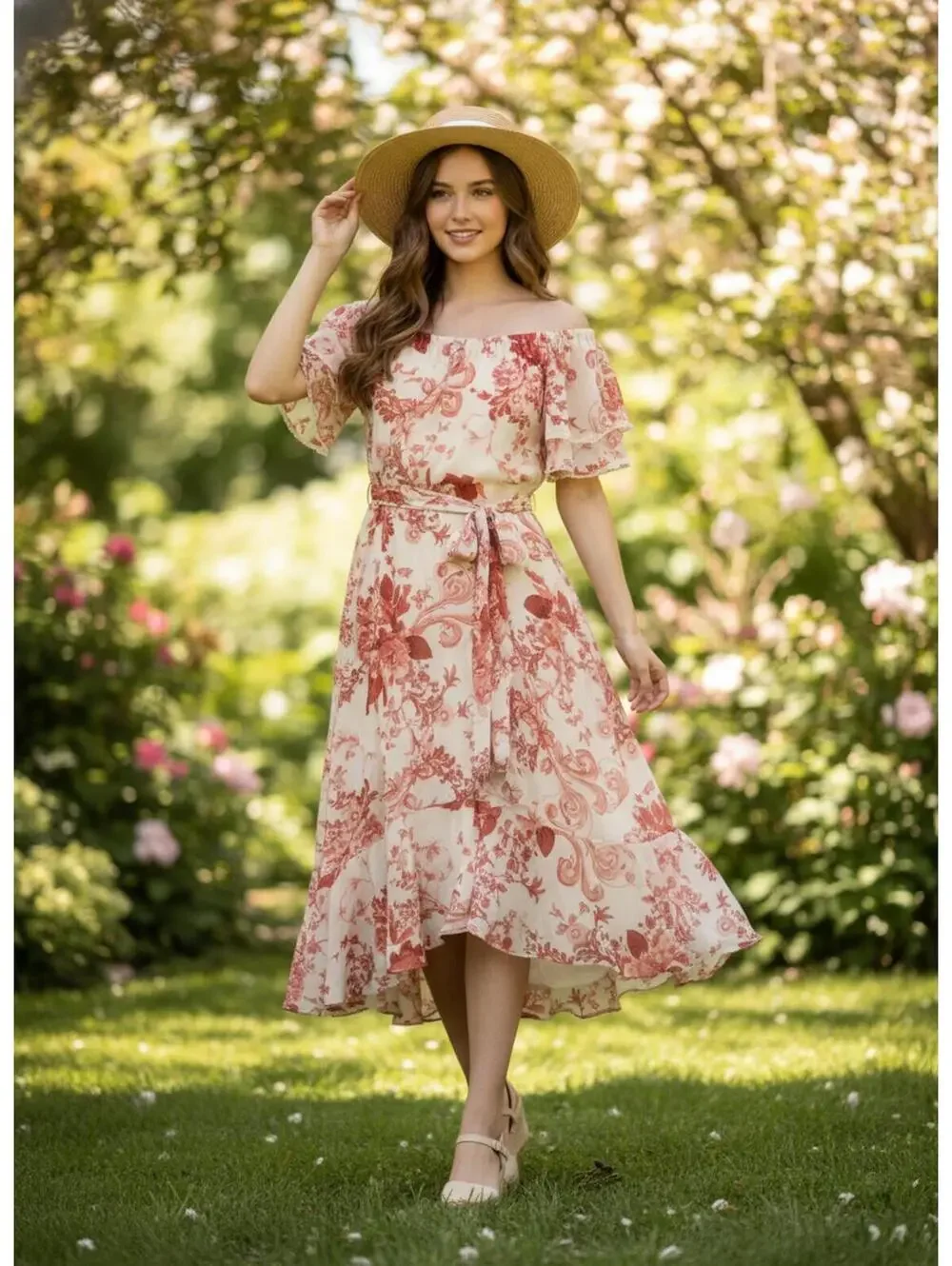 Gabby Skye White and Pink Floral Midi Dress with Ruffled Hem Size 10 - Picture 1 of 12